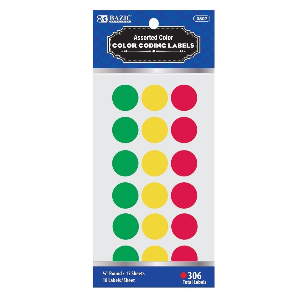 5498 BAZIC Assorted Color 3/4" Round Label 306/Pack